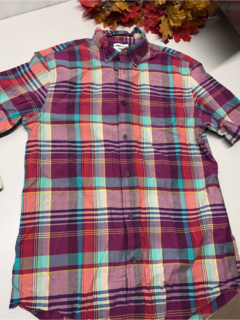 Old Navy Purple Multi Plaid Short-Sleeve Button-Down Shirt